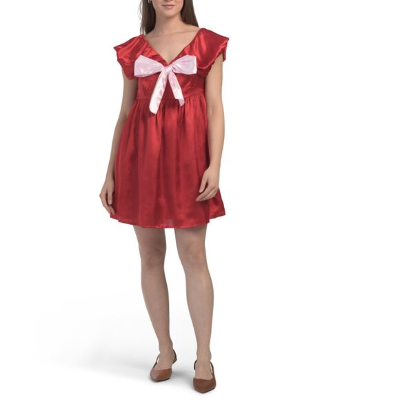 US TOGETHER Red/Pink Bow Front Two Tone Mini Dress - Picture 1 of 2